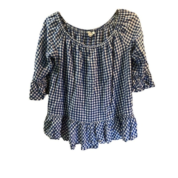 Beach Lunch Lounge Women's Medium Blue Gingham Blouse 3/4 Sleeve ruffle - Picture 7 of 12